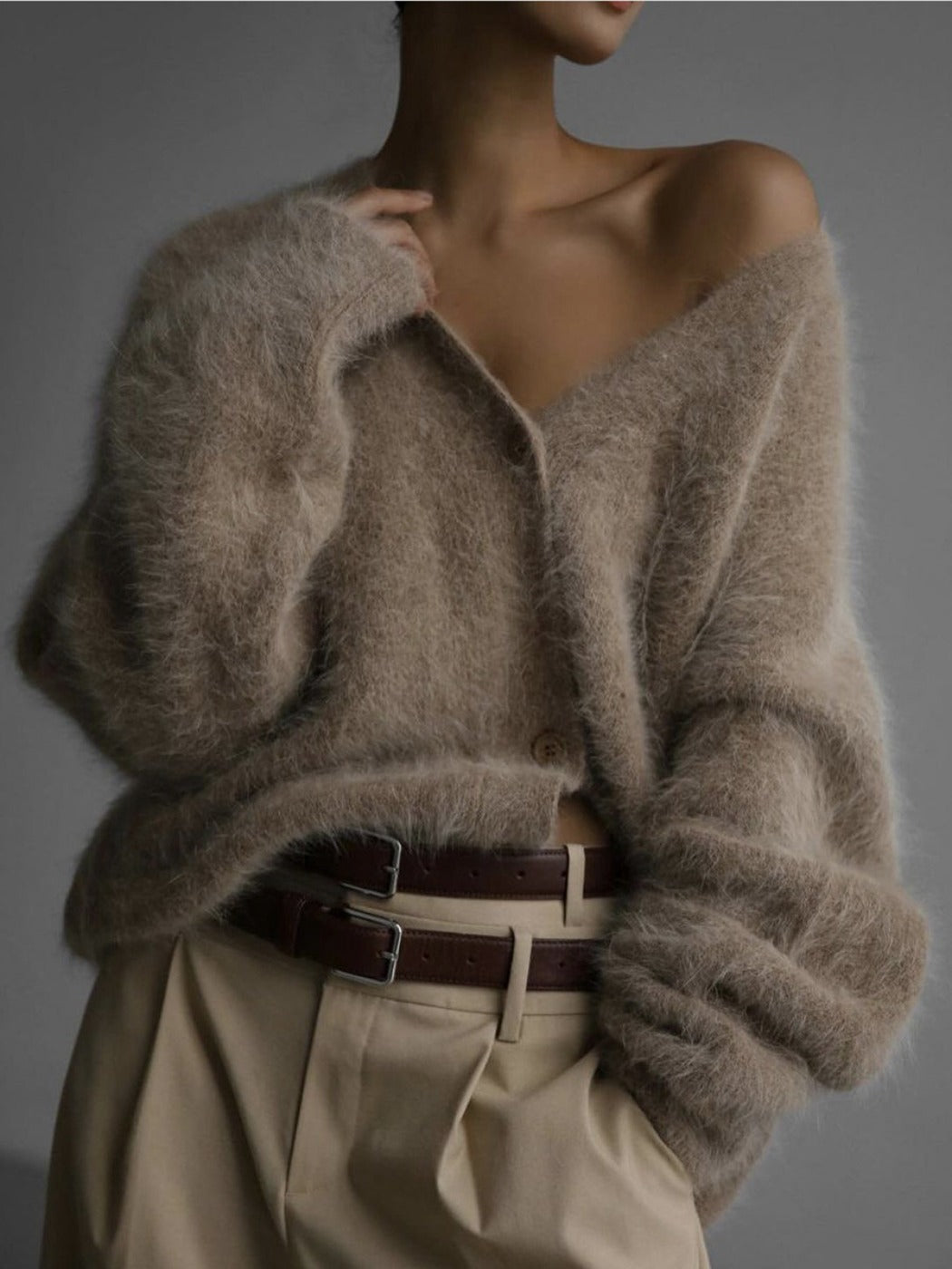 Crosa - Women's V-Neck Knit Cardigan Sweater Open Front Coat