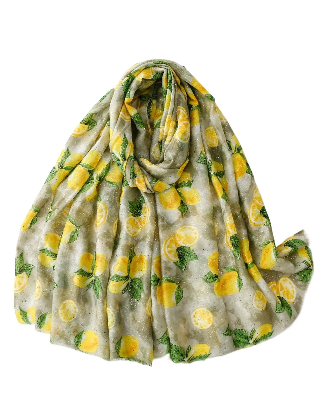 Scarvii - Lemon Foil Print Fringed Wrap Scarf