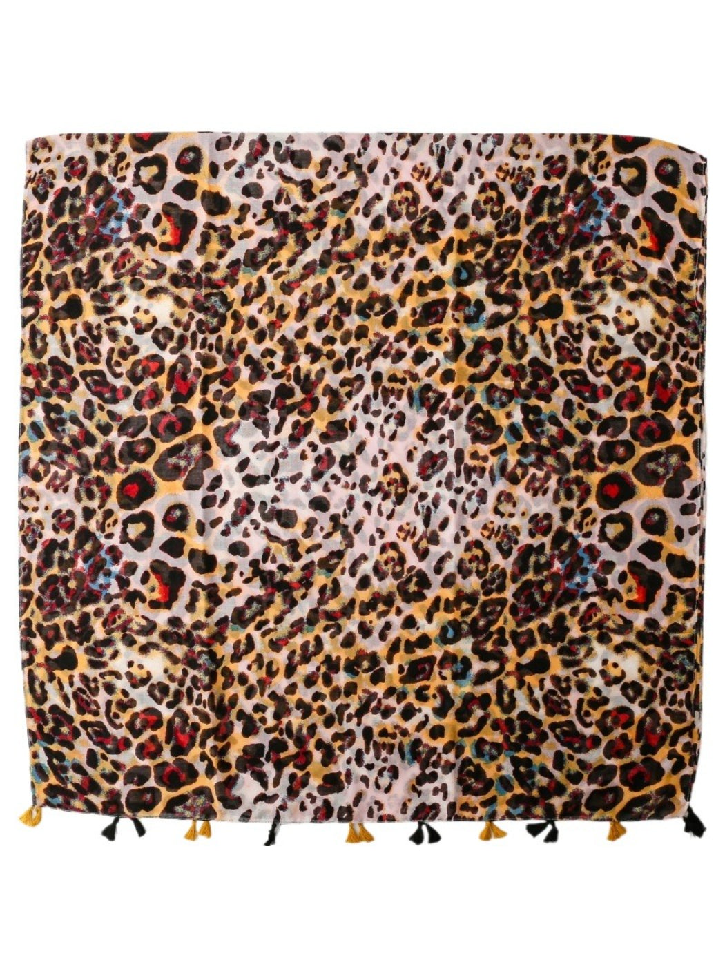 Model wearing Colour Splash Leopard Tassel Scarf styled around the neck with tassels visible