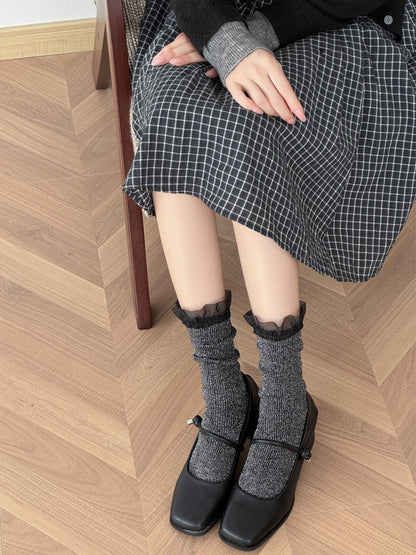 Rufia gray ruffle cuff crew socks full outfit view