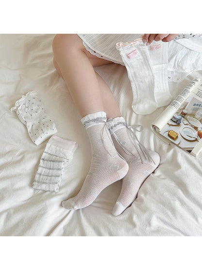 Rufia - Ruffle Cuff Bow Accent Patterned Crew Socks