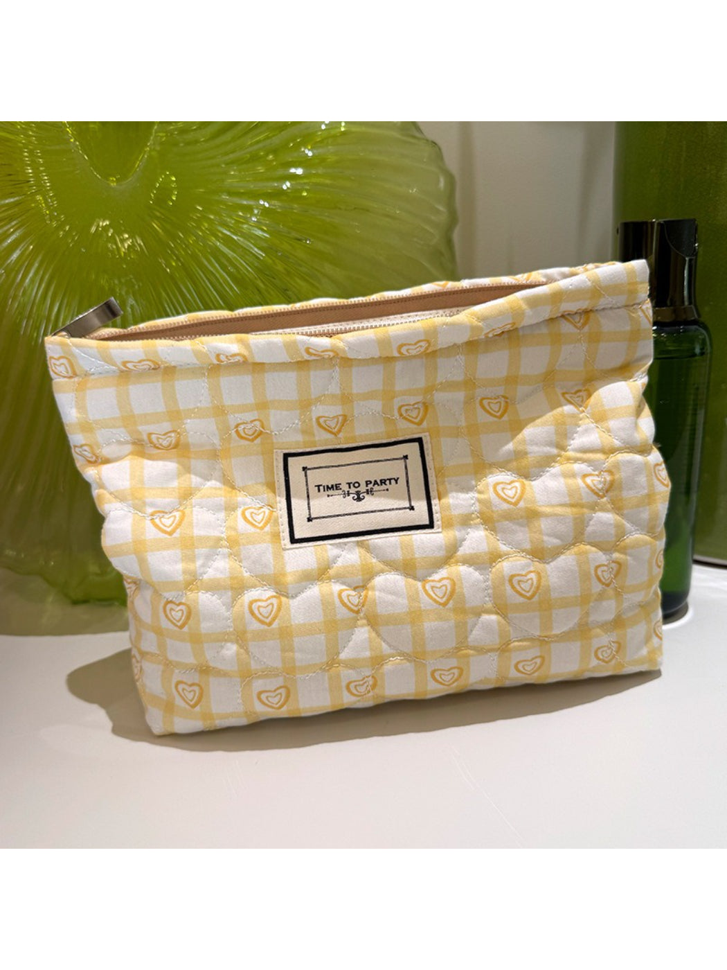 Cosbai - Gingham Heart Pattern Quilted Makeup Pouch