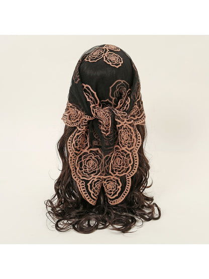 Scarvii - Rose Embroidered Lace Detail Square Scarf