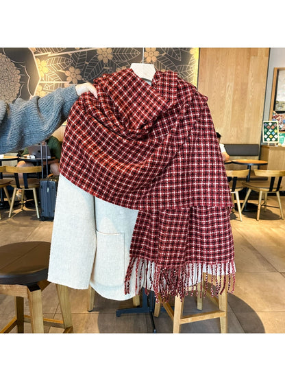 Scarvii - Textured Plaid Fringed Winter Scarf