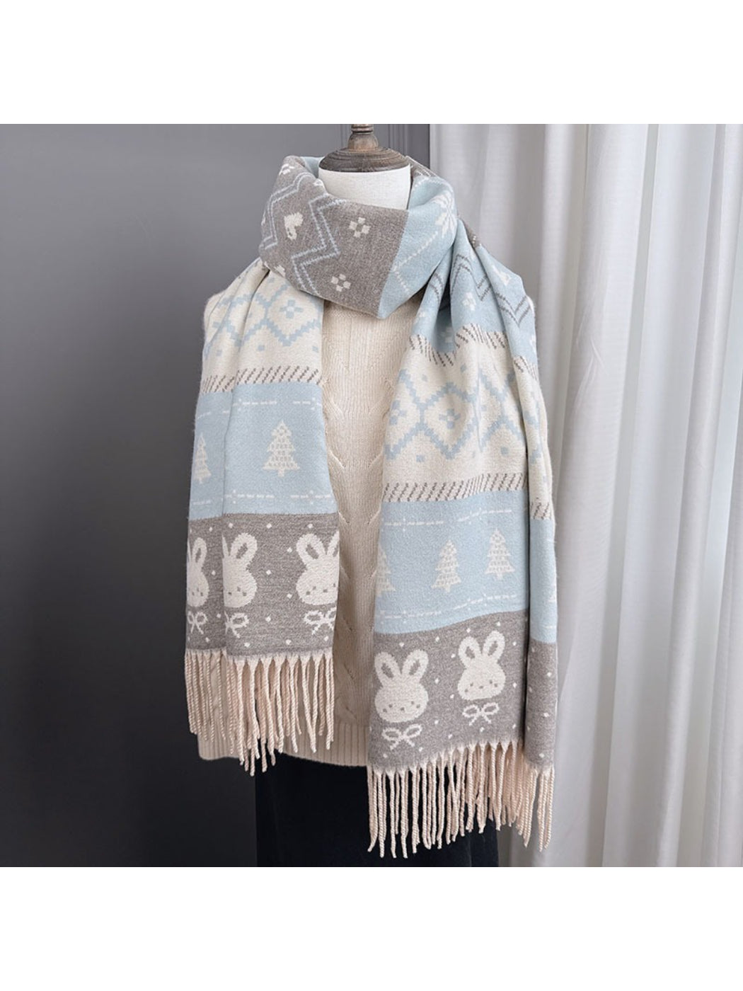 Scarvii - Cozy Bunny Motif Fringe Scarf