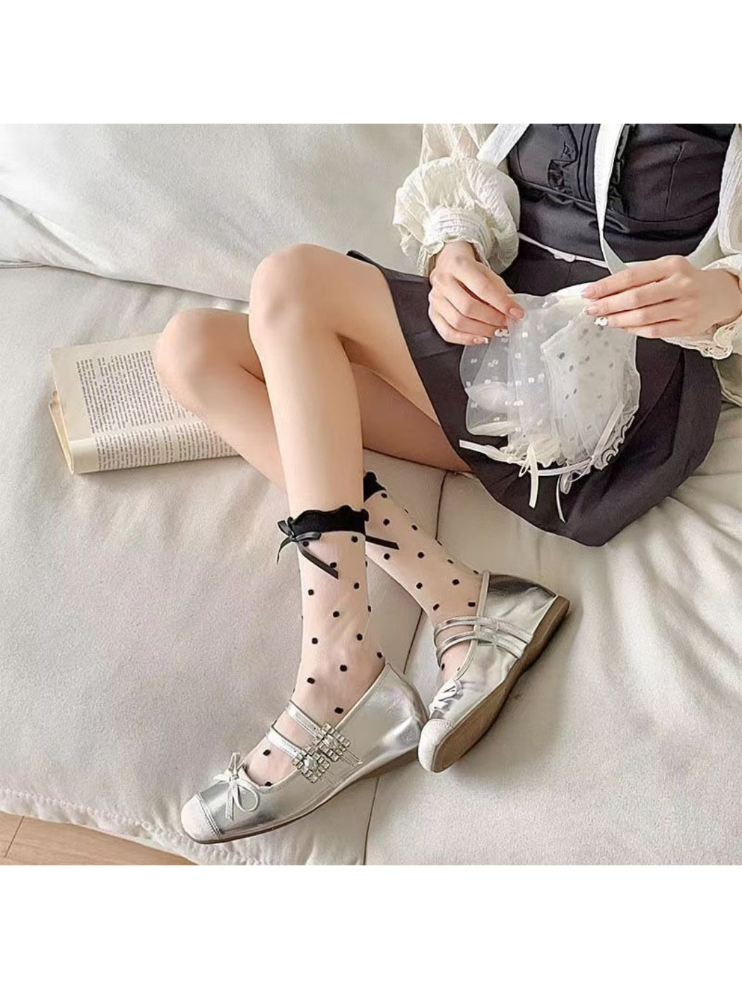 Side view of Rufia crew socks highlighting mesh fabric and bow accent