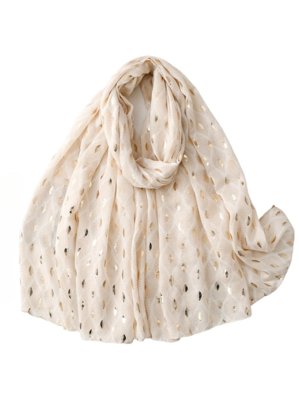 Soft scarf with delicate feather pattern in light pastel colors displayed on a white background