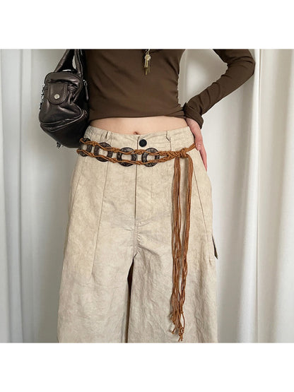 Beco Boho woven ring tie waist belt styled on a white dress
