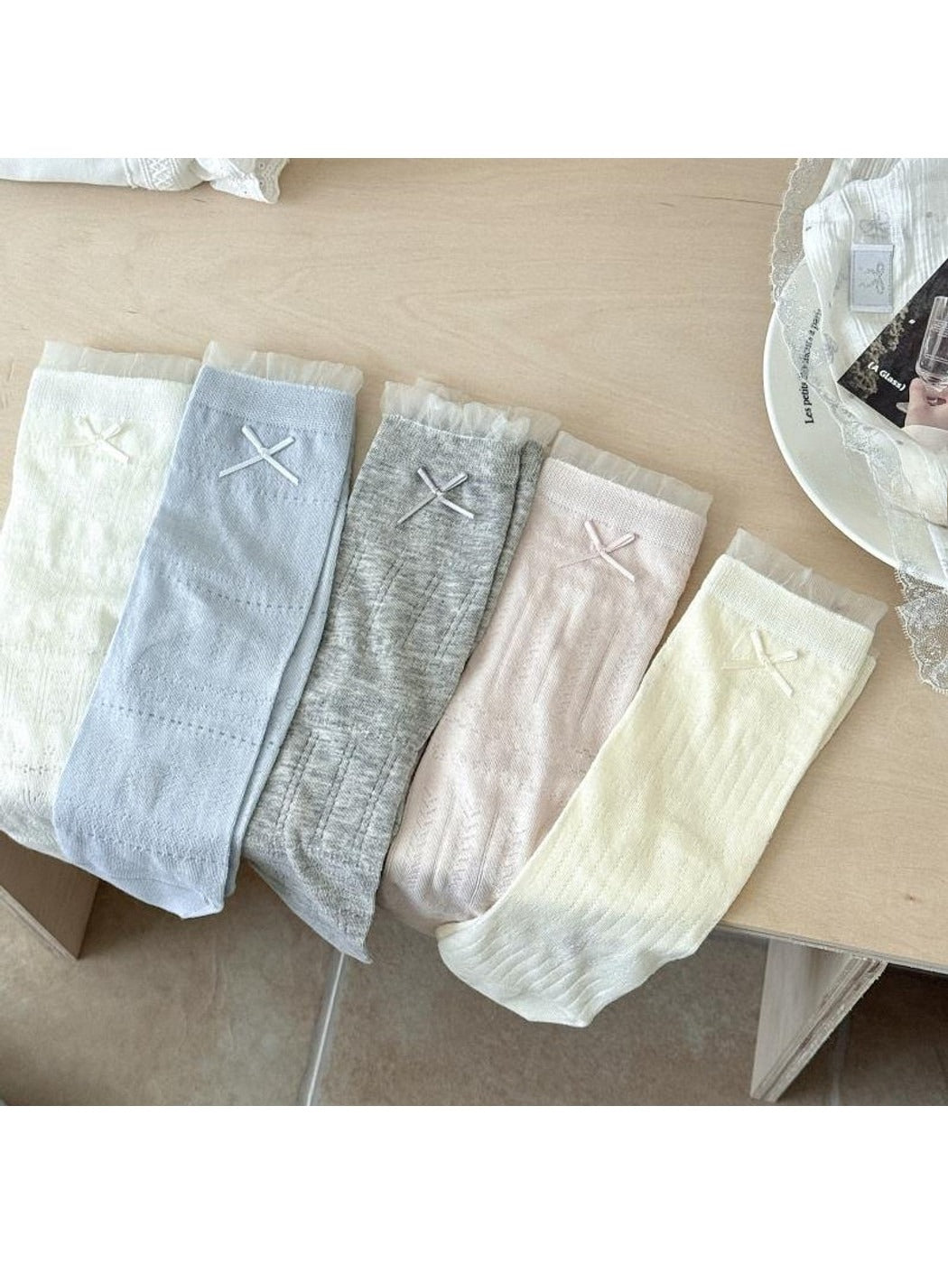 Rufia - Muted Bow Solid Color Crew Socks