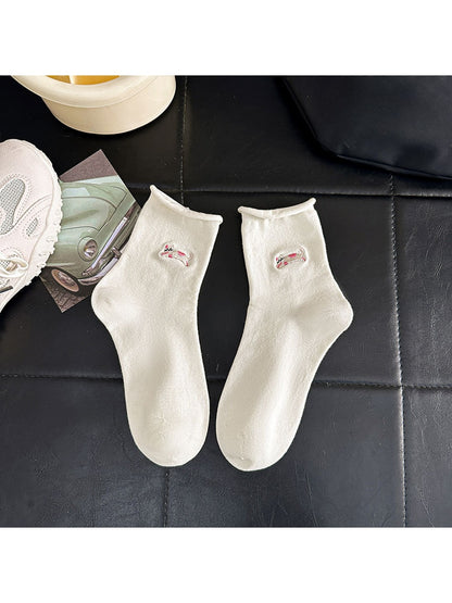 Rufia - Cute Animal Motif Rolled Cuff Crew Socks