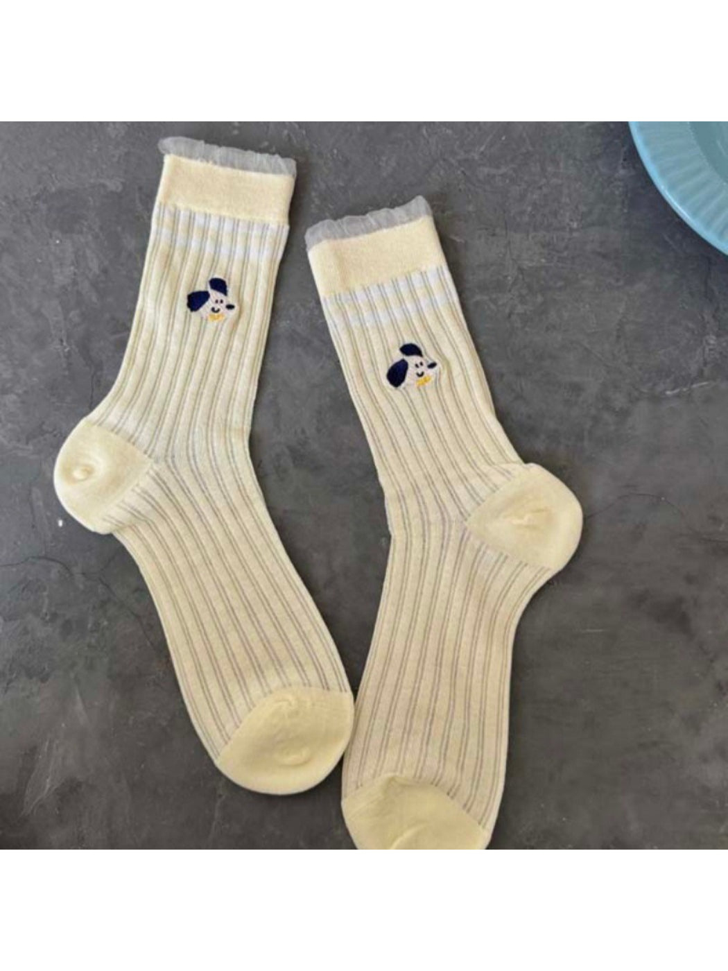 Rufia Playful Pup Everyday Socks displayed with matching casual outfit and accessories