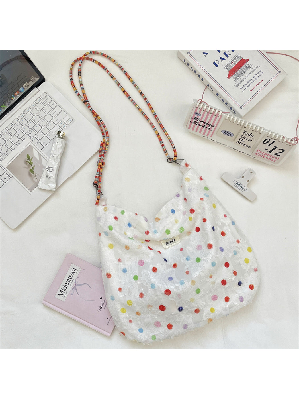 Cosbai - Polka Dot Textured Rope Strap Hobo Bag