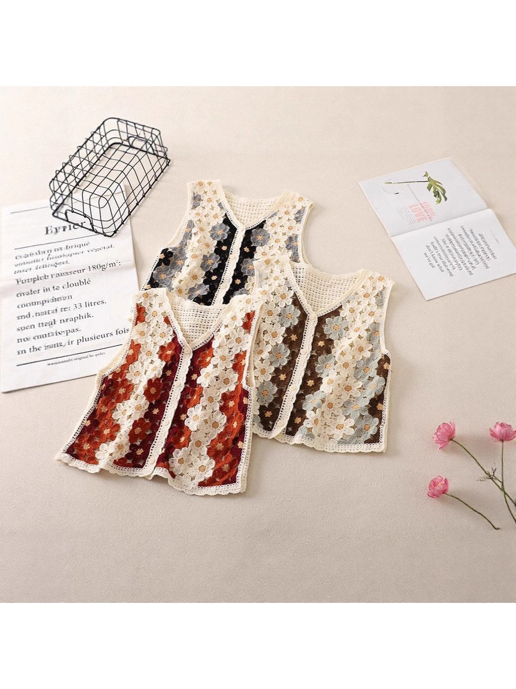 Crosa - Floral Hollow Out Button Front Vest