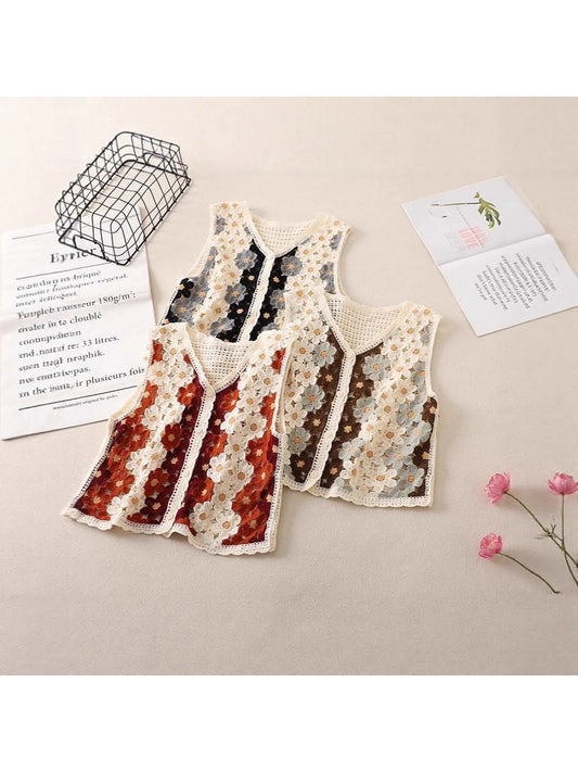 Crosa - Floral Hollow Out Button Front Vest