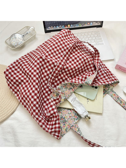 Cosbai - Reversible Gingham Floral Shoulder Bag