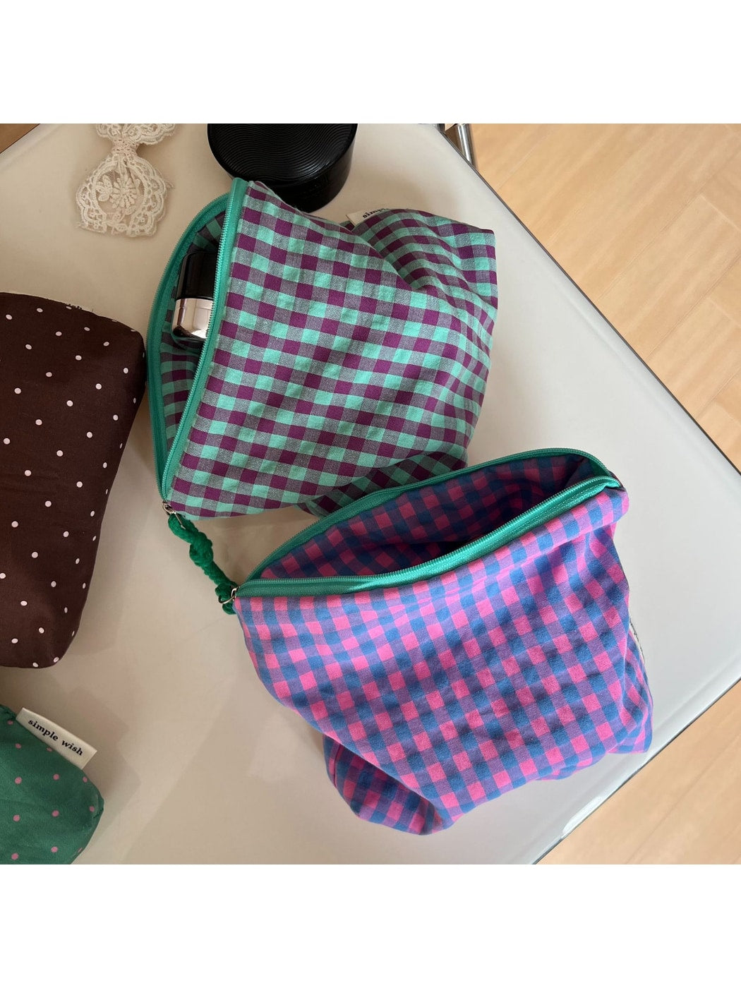 Cosbai - Polka Dot and Plaid Zip Pouch