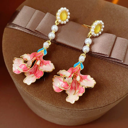 Earwish - Vintage Pink Floral Long Earrings With Beads