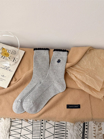 Rufia - Cat Embroidery Scalloped Cuff Crew Socks