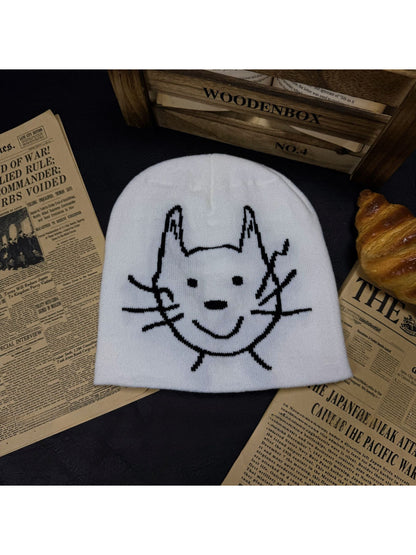 Haila - Cat Face Graphic Knit Slouchy Beanie
