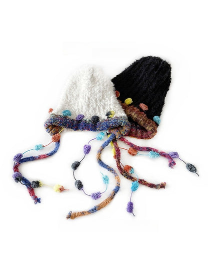 Haila - Winter Knitted Beanie with Pompom & Tassel Braids