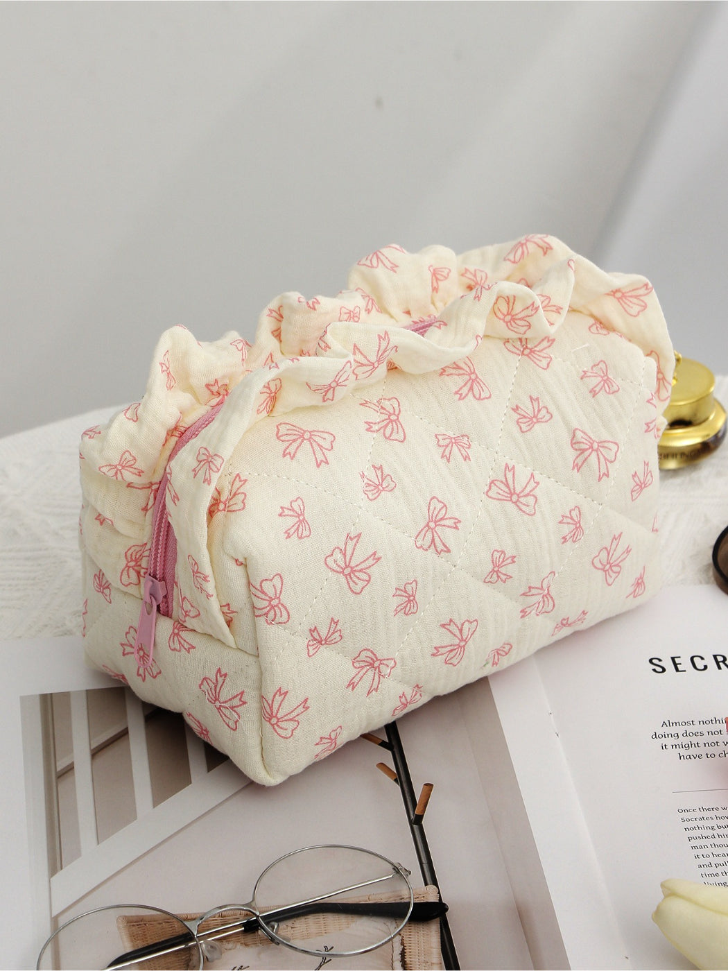 Cosbai - Quilted Cherry Makeup Pouch with Bow Pattern detail view 2