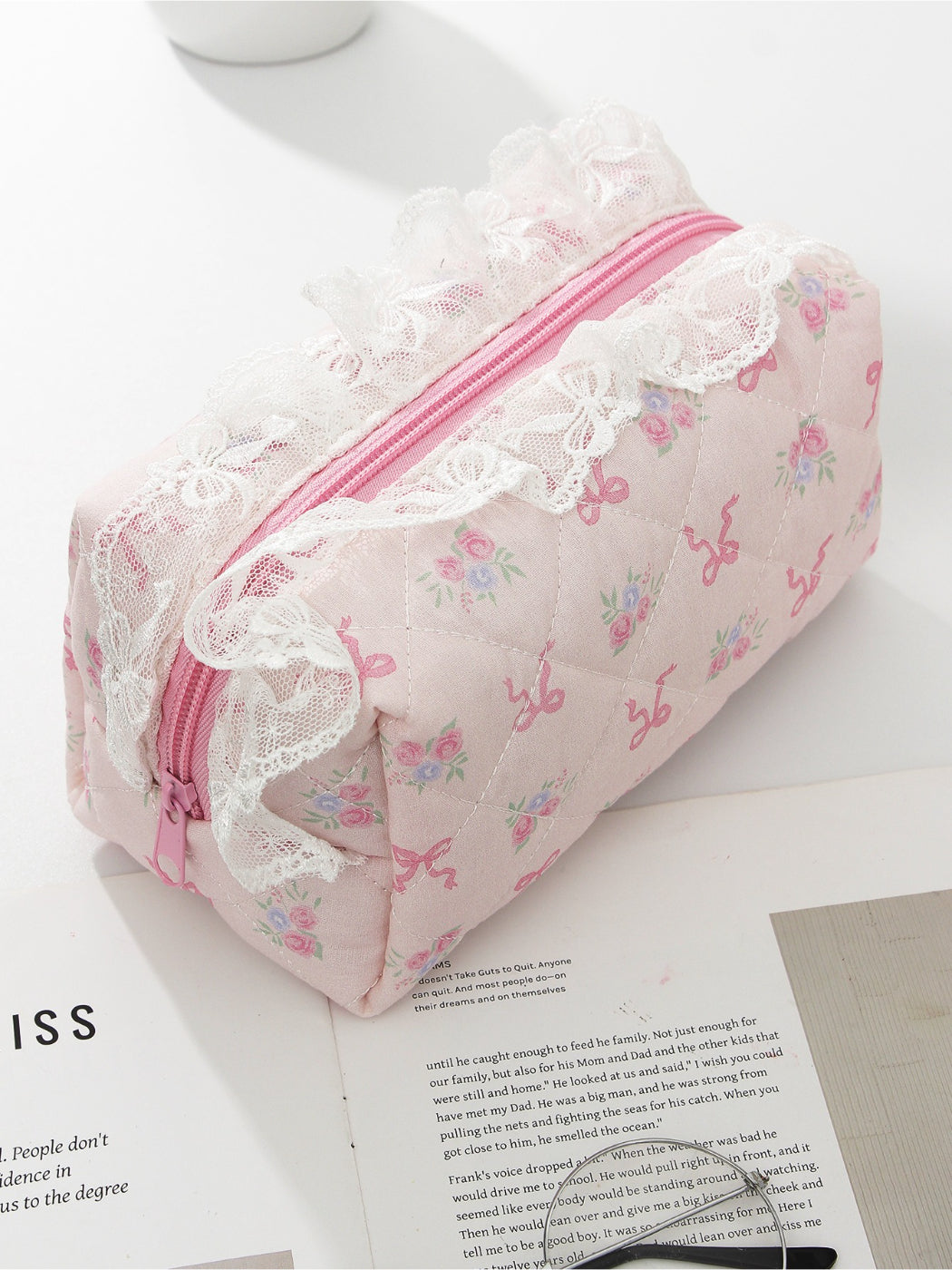 Cosbai - Floral Quilted Makeup Bag with Lace Trim