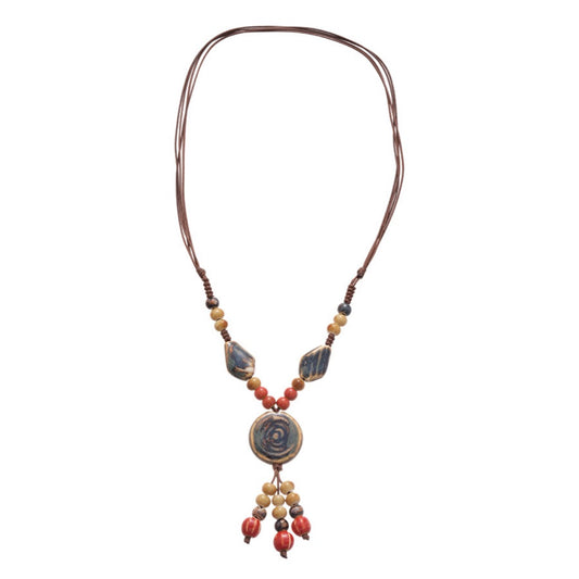 Bauai - Boho Ceramic Bead Fringe Long Necklace - Vintage & Unique