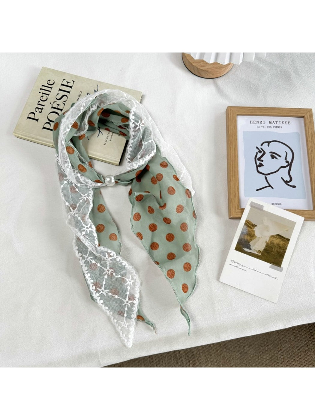 Scarvii - Polka Dot Lace-Edge Long Narrow Neck Scarf