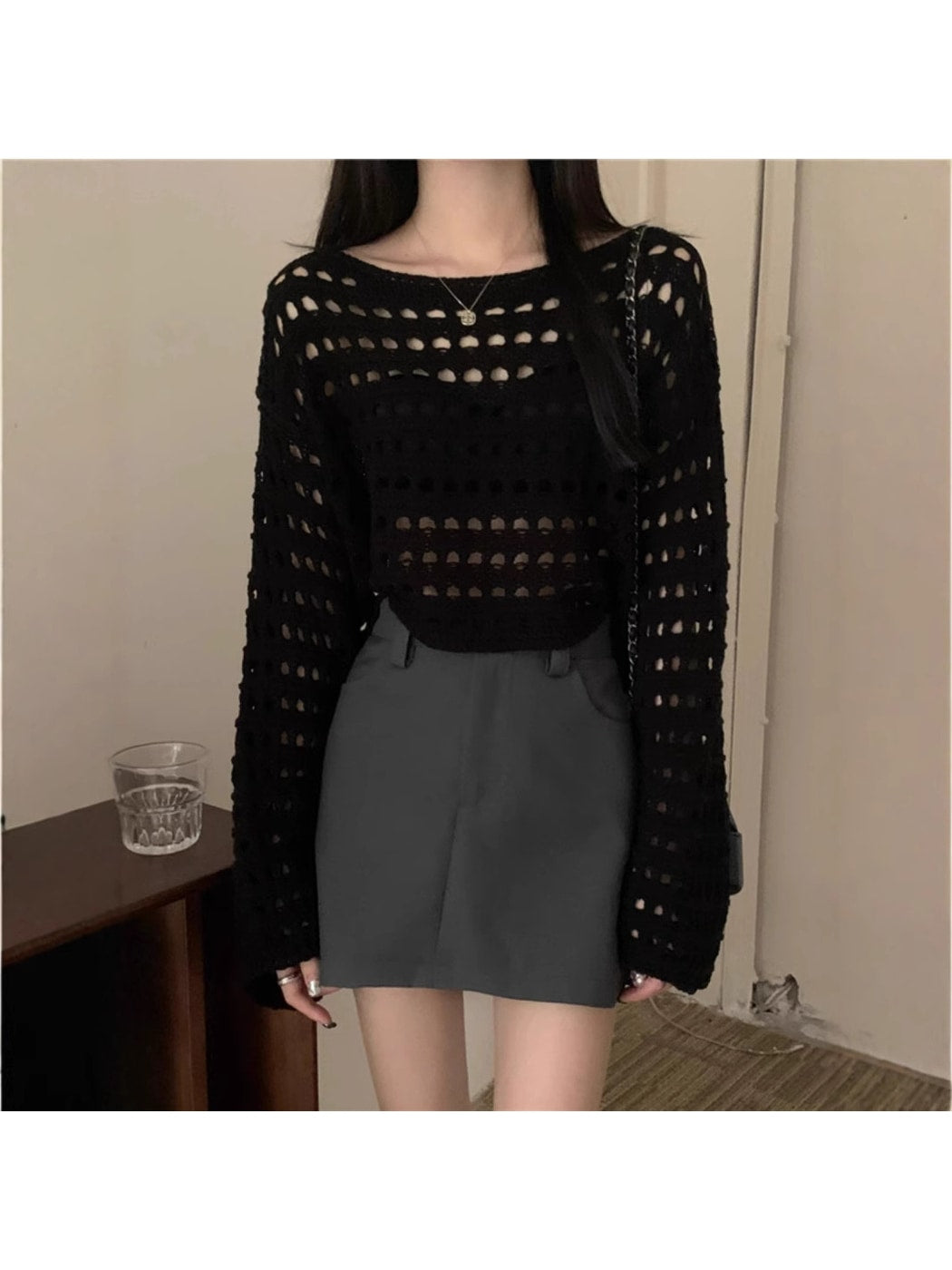Crosa - Openwork Long Sleeve Crew Neck Knit Cover Up