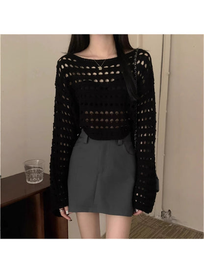 Crosa - Openwork Long Sleeve Crew Neck Knit Cover Up