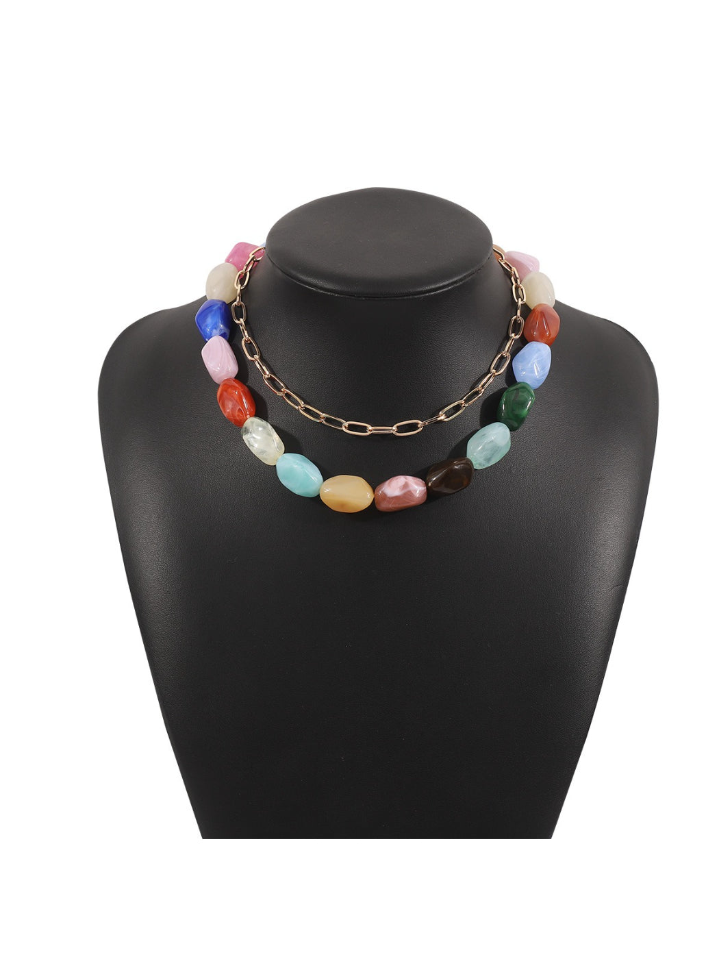 Model wearing Neckit color beaded chain necklace with casual outfit