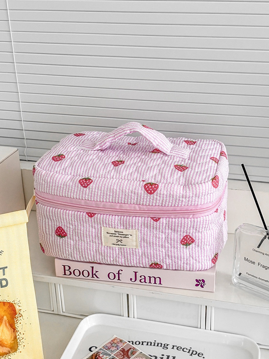 Cosbai compact fruit print travel cosmetic bag with handle and closure