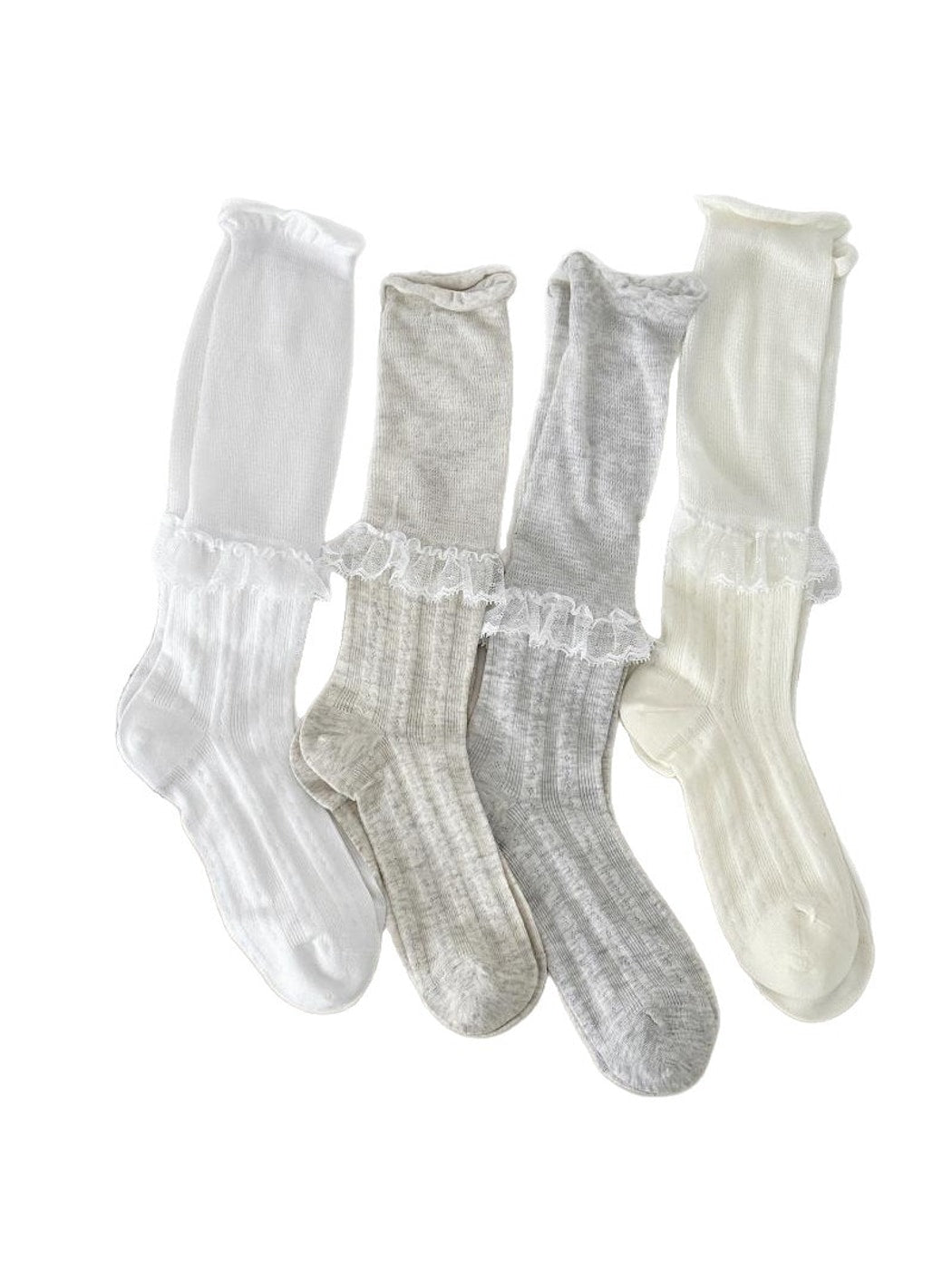 Rufia - Plain Lace Ruffle Trim Mid Calf Socks