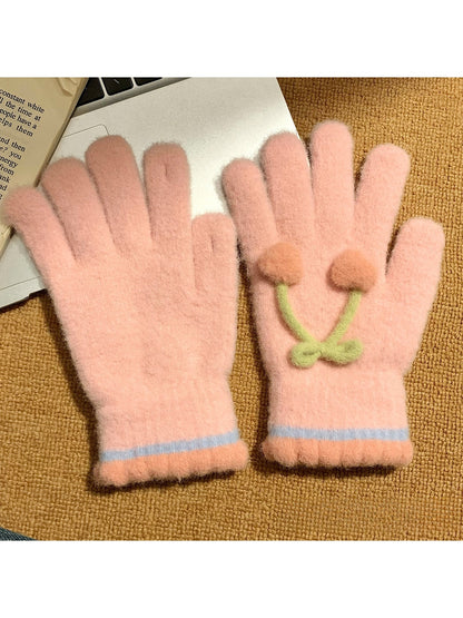 Gloving - Cherry Detail Five-Finger Winter Gloves