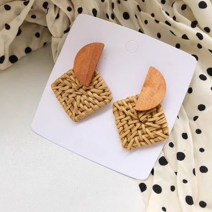 Earwish - Square Rattan Earrings with Wood Accent