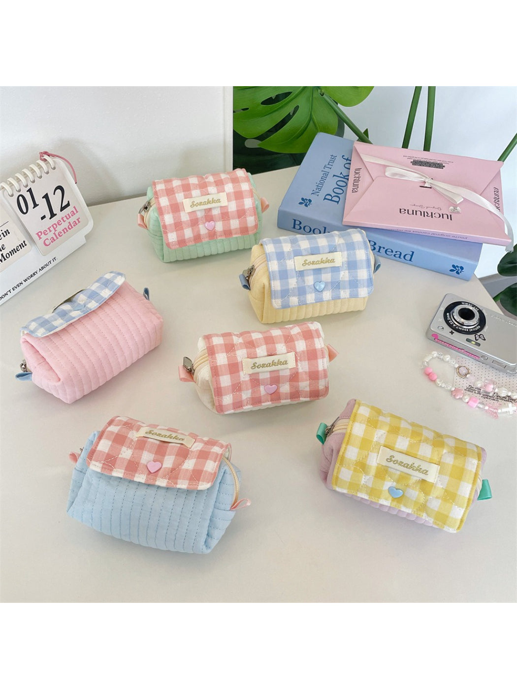Cosbai gingham quilted cosmetic pouch on white background
