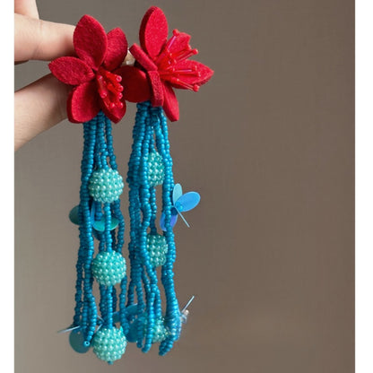 Earwish - Bohemian Beaded Flower Earrings - Blue & Red