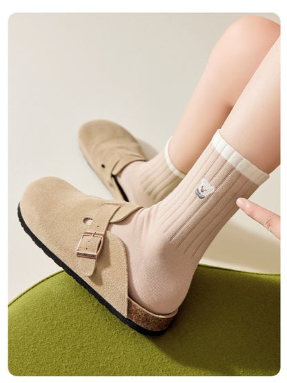 Rufia - Embroidered Bear Ribbed Crew Socks