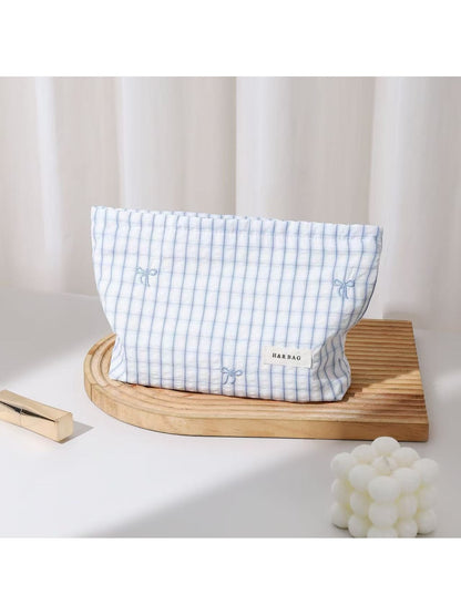 Cosbai - Checked Bow Embroidered Makeup Bag Pouch