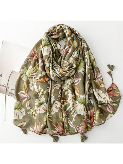 Scarvii - Tropical Botanical Print Tassel Scarf