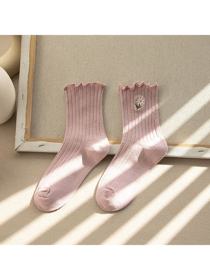 Rufia - Ruffle Trim Flower Embroidery Crew Socks