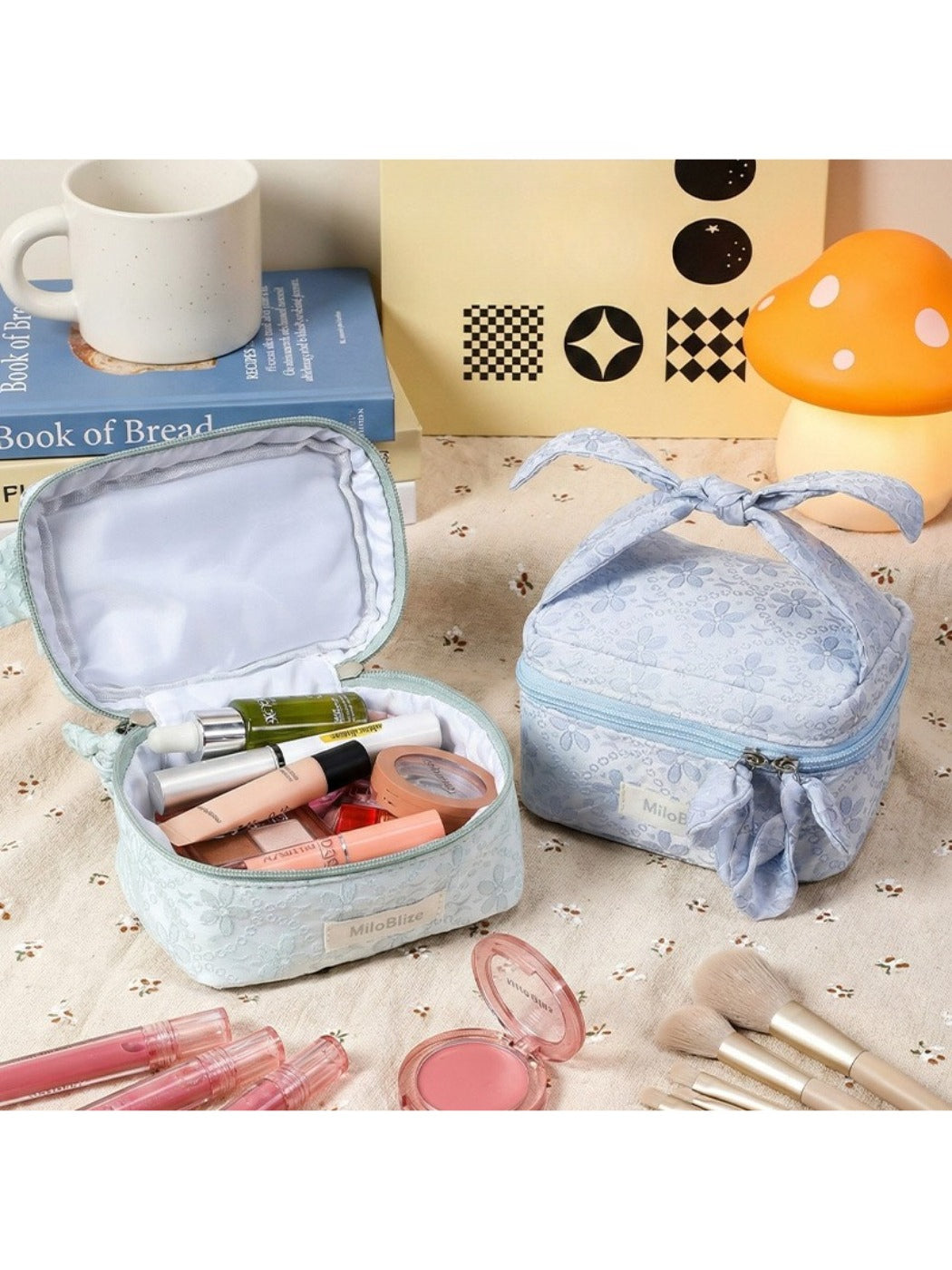 Side view of Cosbai Bow Top Handle Makeup Case showing the handle and bow design