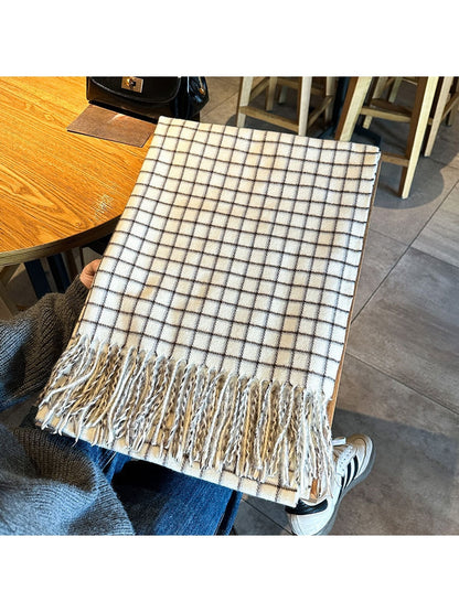 Scarvii - Retro Windowpane Fringe Plaid Scarf