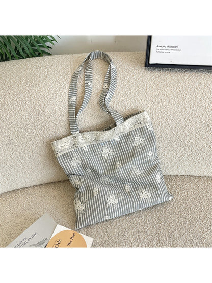Cosbai Lace Floral Stripe Tote Bag front view with floral lace and striped pattern