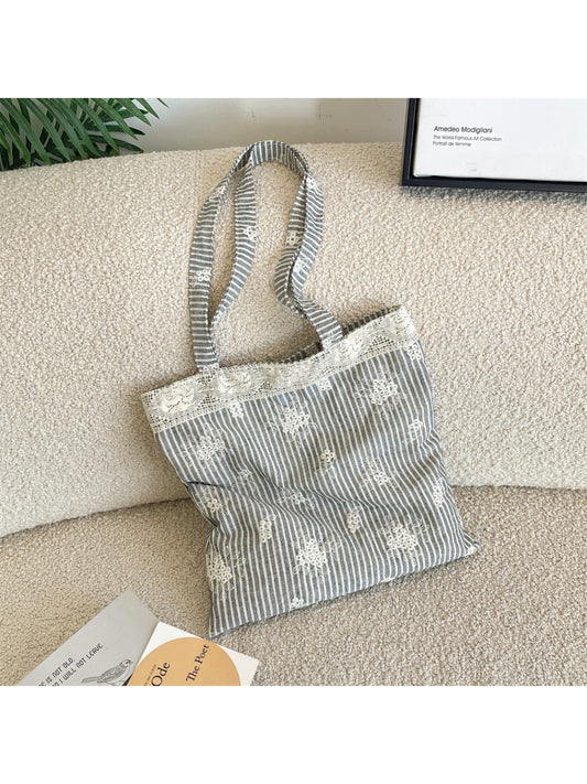 Cosbai Lace Floral Stripe Tote Bag front view with floral lace and striped pattern