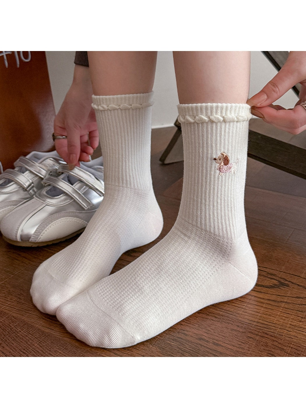 Rufia - Cute Dog Pattern Striped Crew Socks