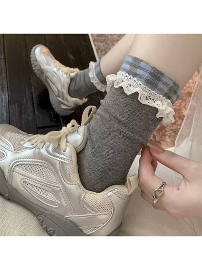 Rufia - Plaid Ruffle Lace Trim Crew Socks
