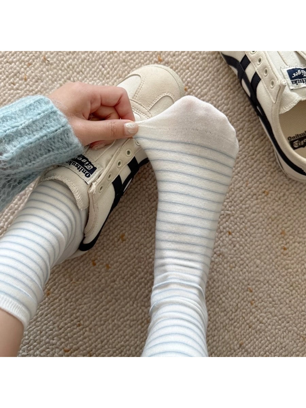 Rufia Classic Thin Stripe Crew Socks displayed on a white background