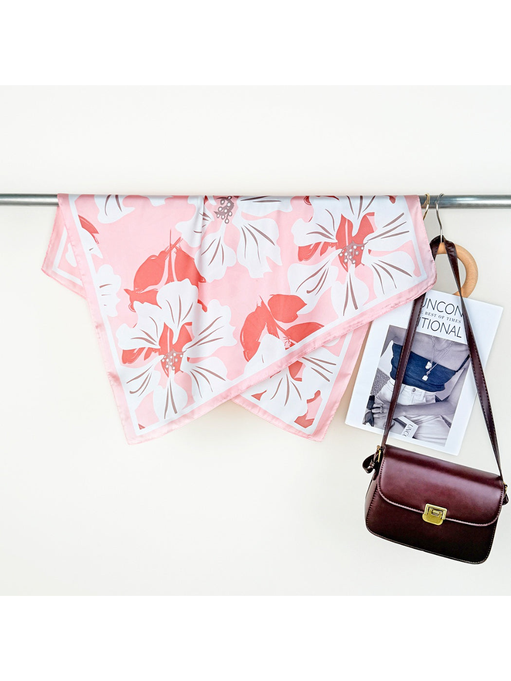 Scarvii Lily Print Square Scarf tied as a headscarf showing vibrant lily floral pattern