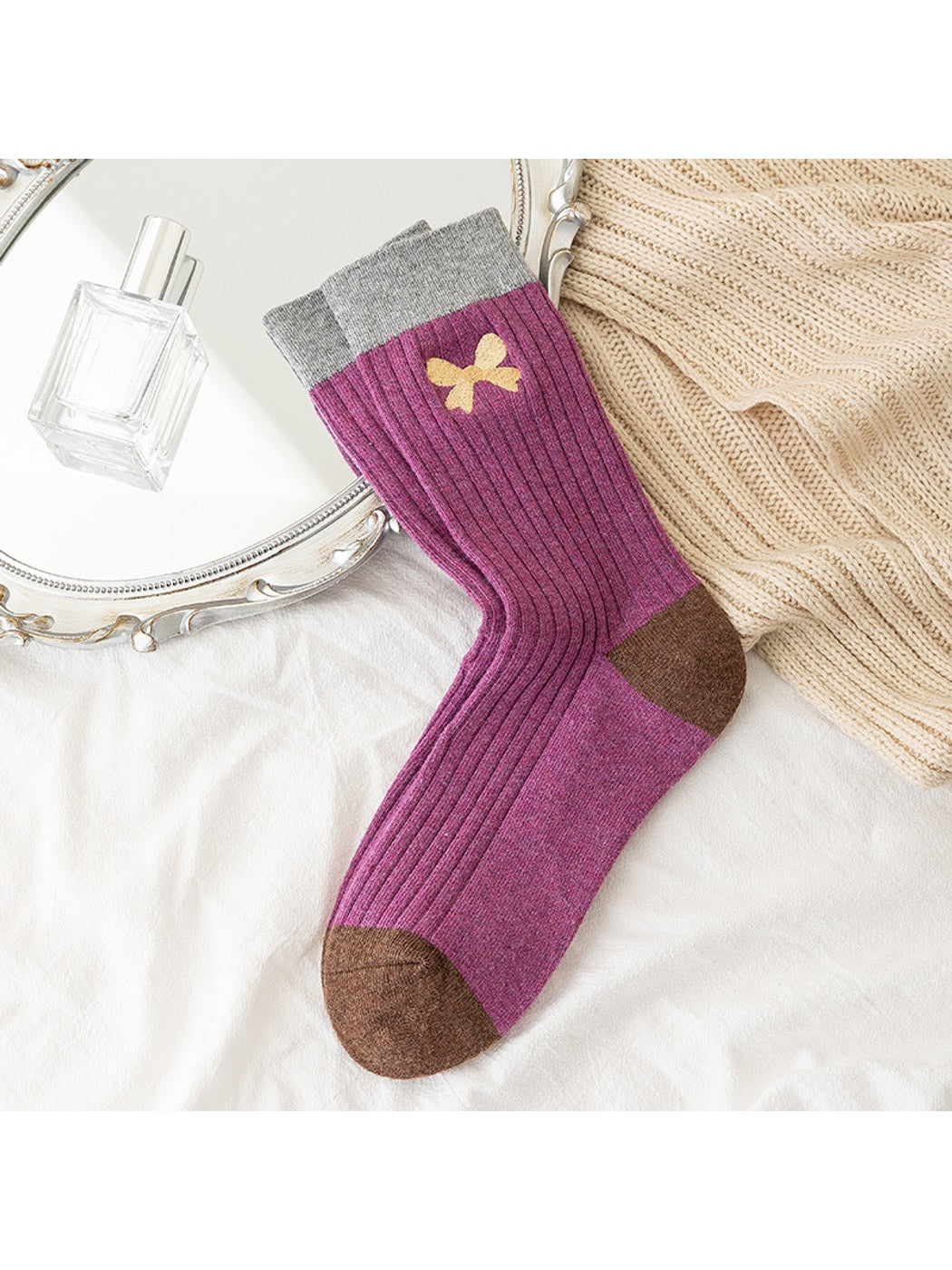Rufia - Preppy Embroidery Bow Color Block Crew Socks